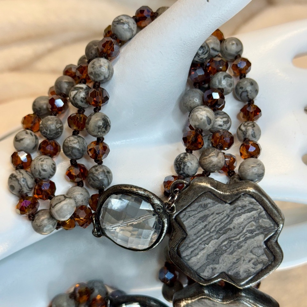 Hand Knotted Grey Agate and AB Crystal Rondelle Gemstone Beaded Cross Necklace